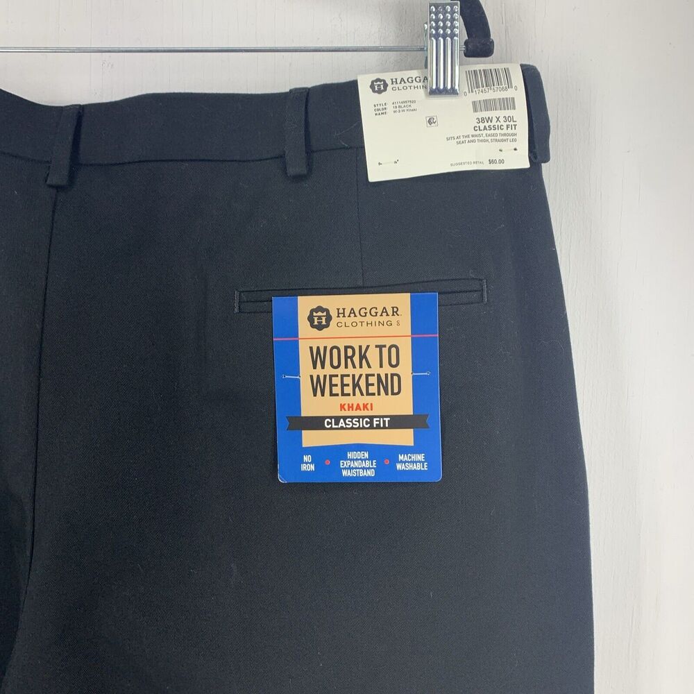 Haggar 38x30 Classic Fit Pants Black Khaki Chino No Iron Expandable Waist NEW - Picture 3 of 7